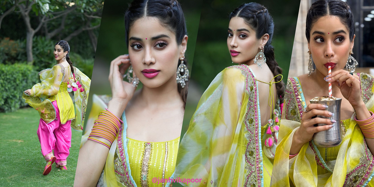 Janhvi Kapoor in Lime green and pink Punjabi suit